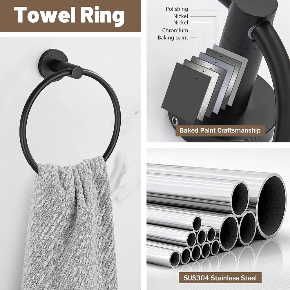 6 Pieces Matte Black Towel Bar Bathroom Hardware Set, 23.6Inch Matte Black Ba...