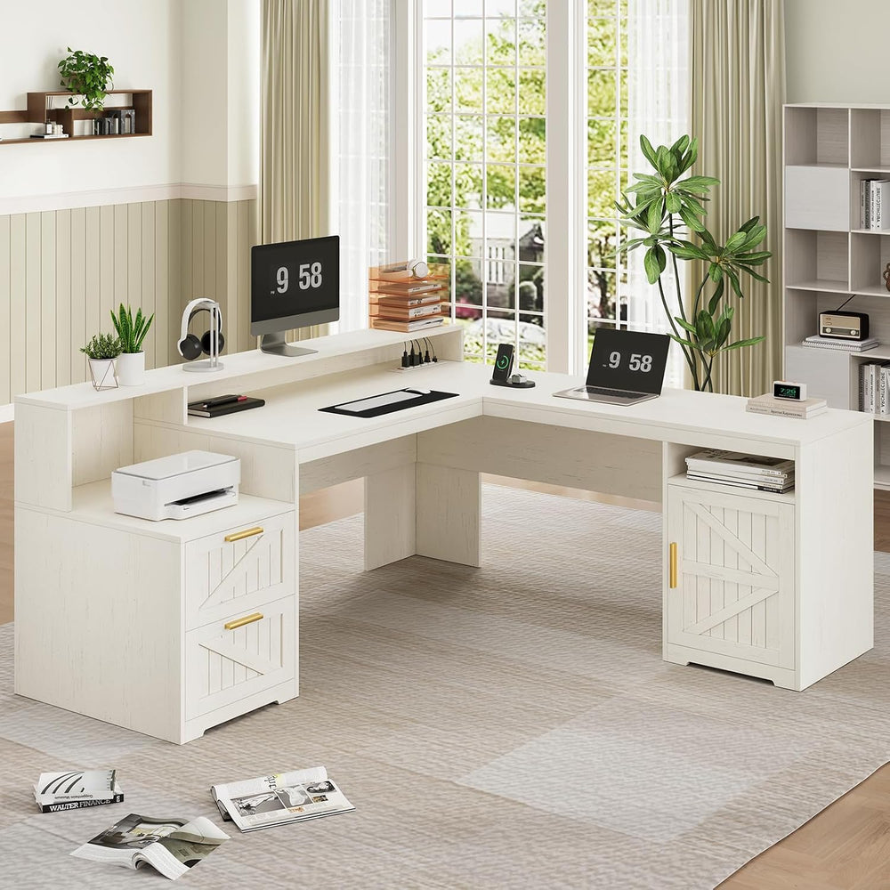 63" Farmhouse L Shaped Desk with Drawers & Printer Shelf for Home Of...