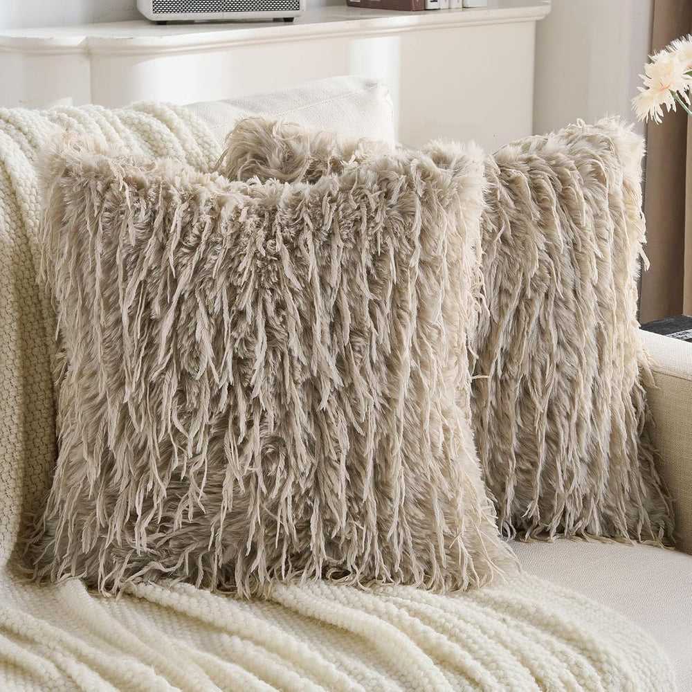 FUTEI Pack of 2 Fluffy Faux Fur Throw Pillow Covers 24x24 Inch, Khaki