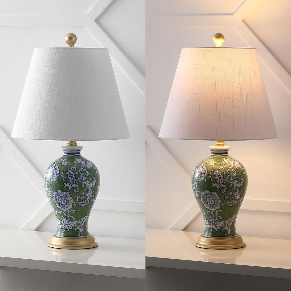 JONATHAN Y Grace 24" French Country Floral Urn Ceramic Lamp, Green/White