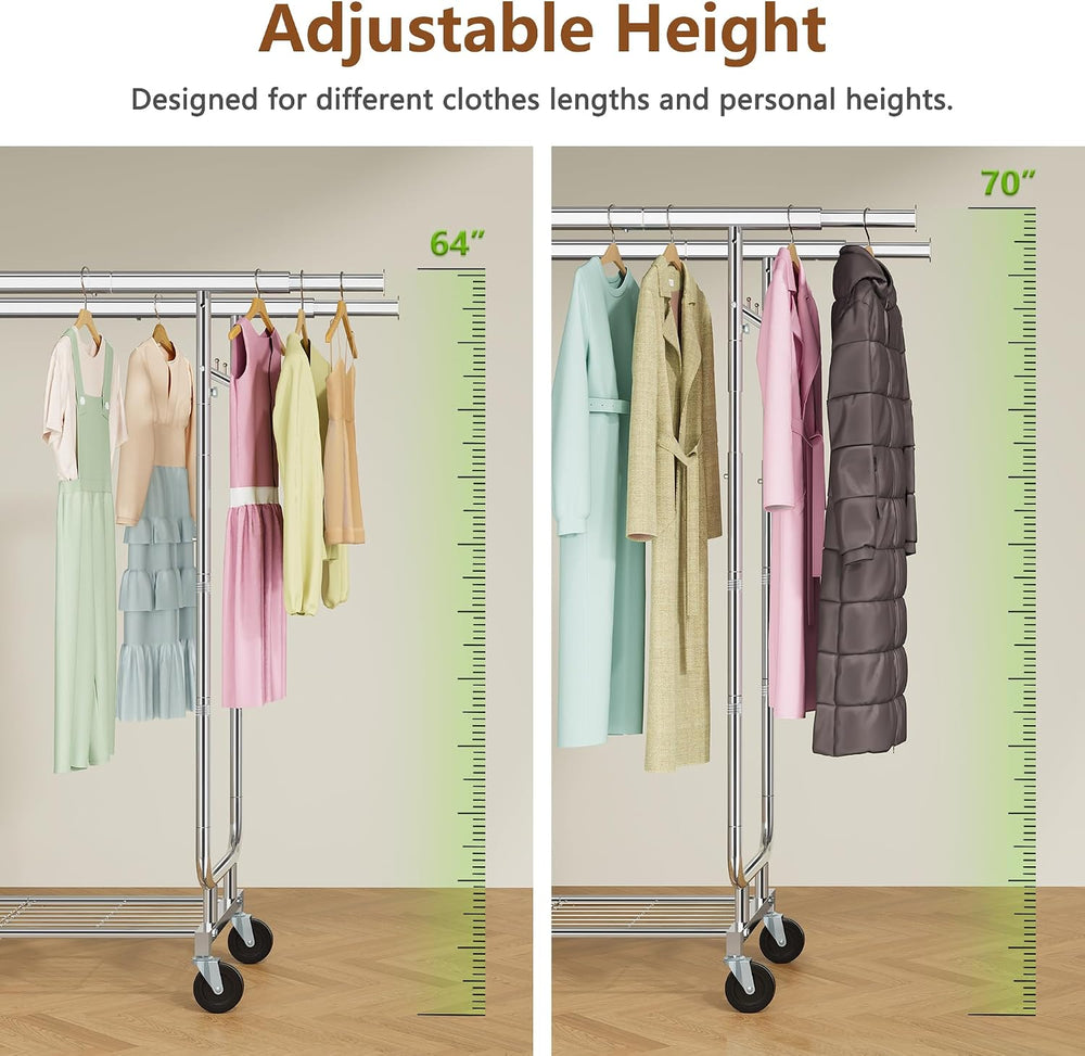 Heavy Duty Rolling Clothes Rack, 620 LBS Load Double Rod Adjustable Garment R...