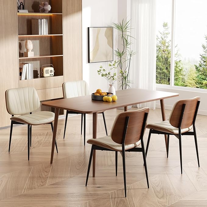 Dining Chair, Mid Century Modern Dining Room Chairs, Upholstered Faux Leather Kitchen Chairs with Walnut Bentwood Back and Metal Legs for Kitchen Dining Room Living Room, Beige