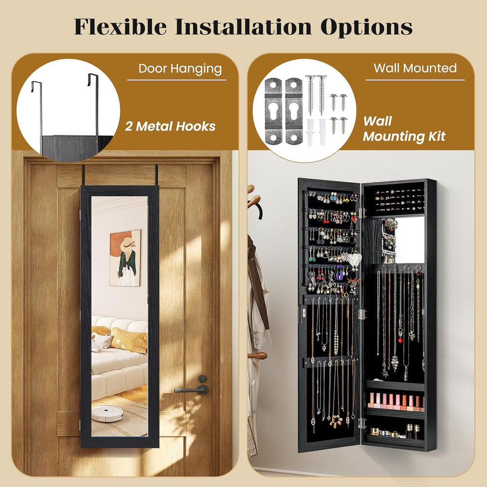 COSTWAY Full Length Mirror Jewelry Cabinet, Wall Door Mounted Jewelry Organiz...