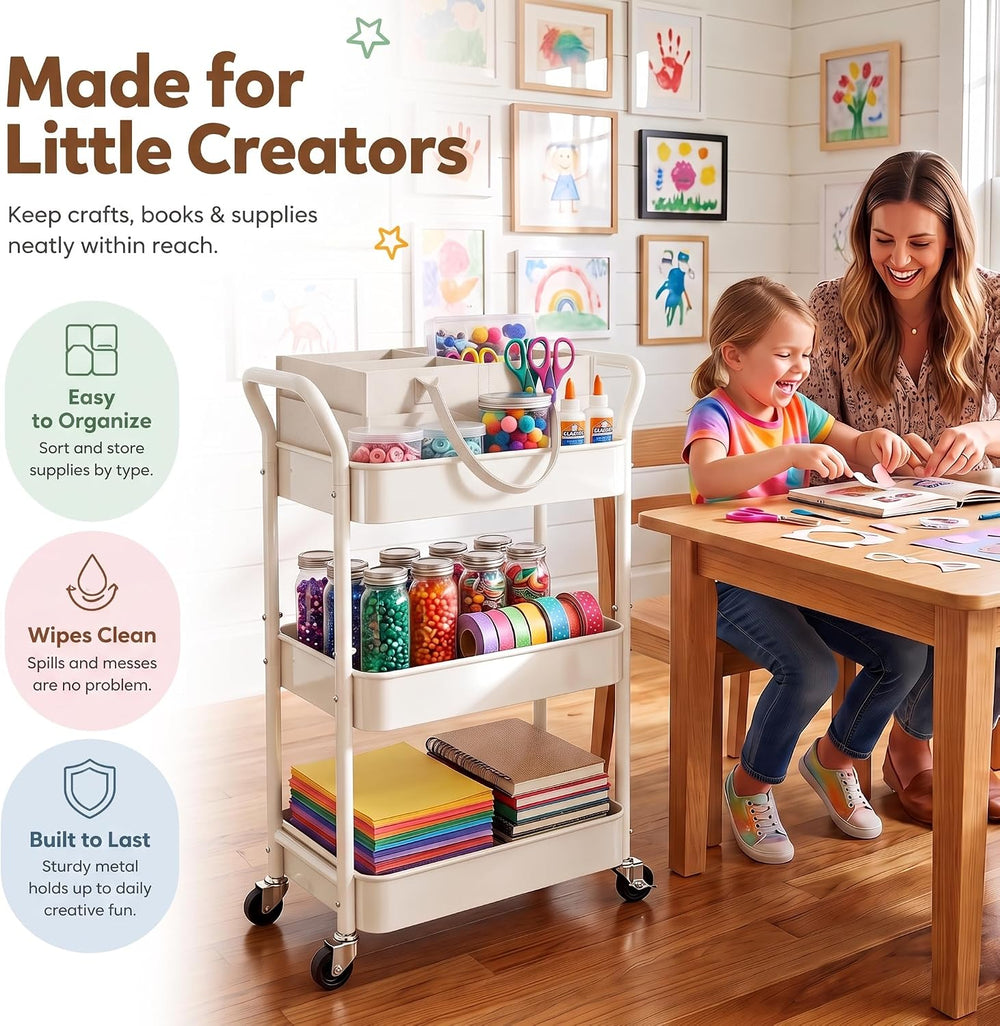 White 3 Tier Rolling Diaper Caddy Cart with Wheels,3in1 Detachable Dividers