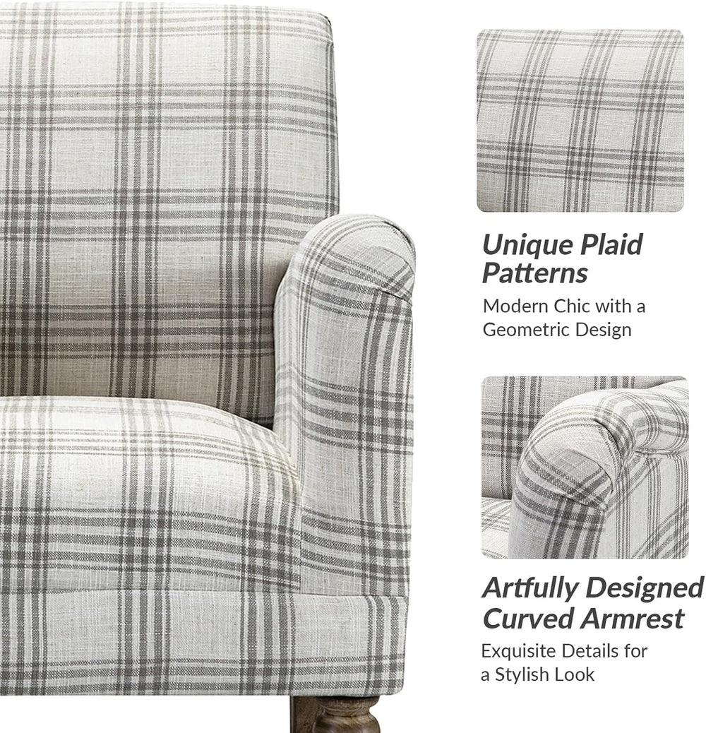 HULALA HOME Farmhouse Accent Chair with Plaid Pattern, Grey