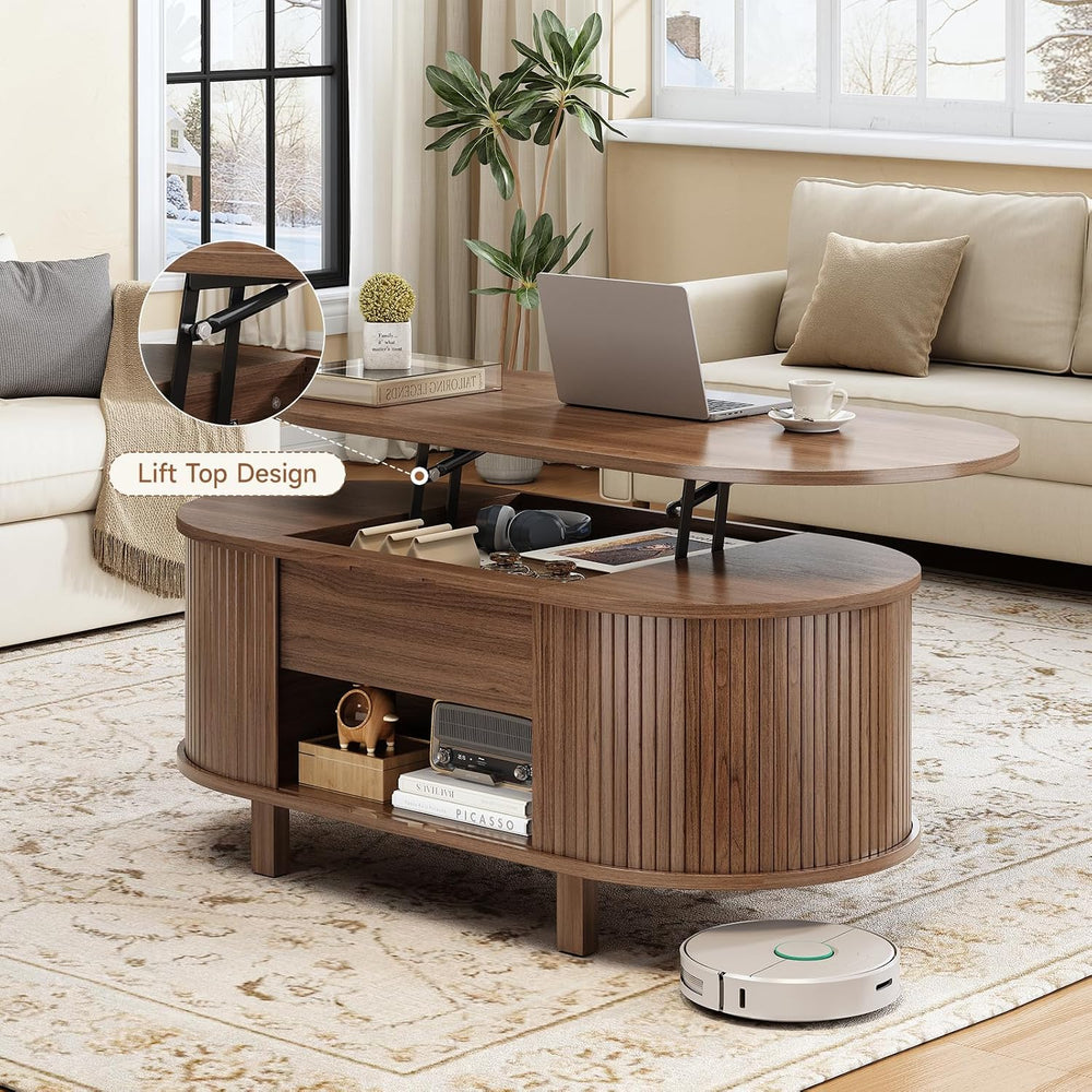 ONBRILL 43.3" Oval Lift Top Fluted Coffee Table with Sliding Door, Walnut