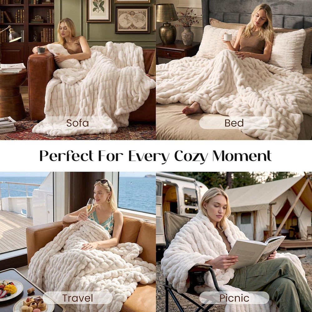 Dream Valley Double-Sided Faux Rabbit Fur Throw Blanket, White, 60"x80&q...