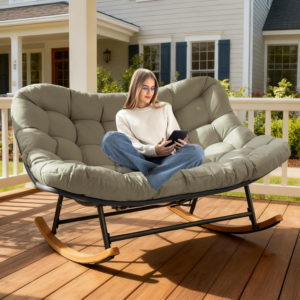 Double Papasan Patio Rocking Chair for Two, Oversized Outdoor Loveseat with T...
