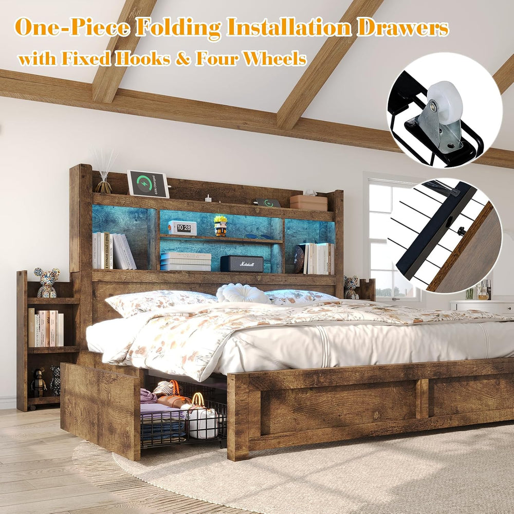LUXOAK King Size Bed Frame with Bookcase Headboard & Storage, Rustic Brown