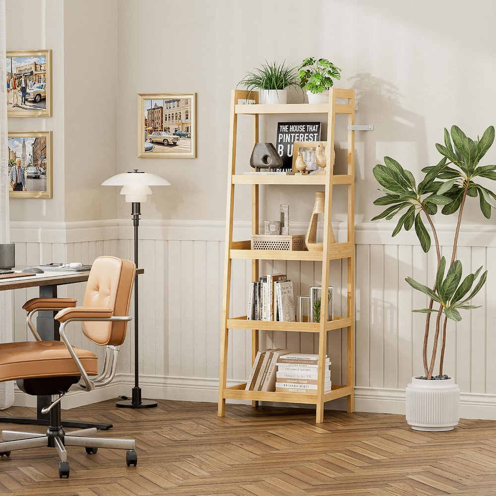 Bookshelf, 5 Tier Ladder Bookcase with Bamboo Frame, Freestanding Tall Narrow...