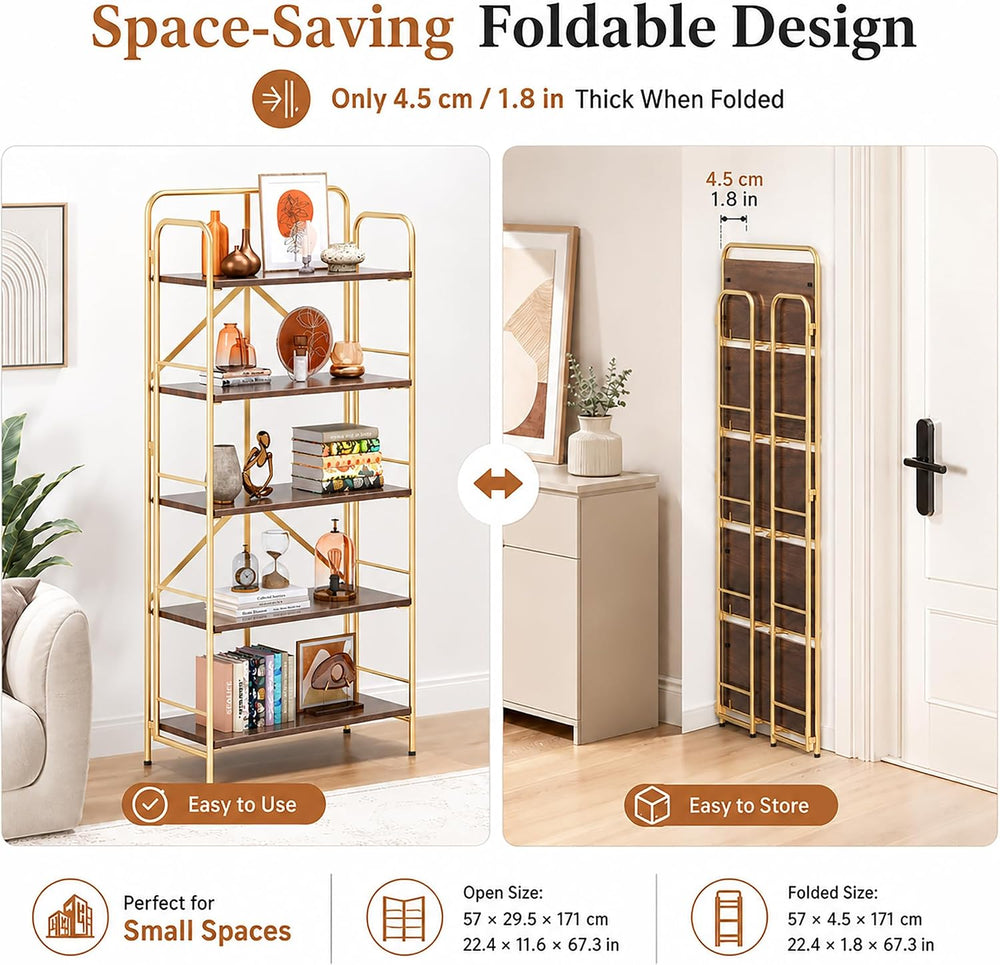 4NM No Assembly Folding Bookshelf, 5 Tier Collapsible Book Shelves Open Indus...
