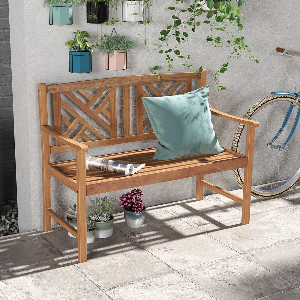 Giantex Outdoor Wooden Garden Bench - 2-Person Acacia Wood Loveseat with Armr...