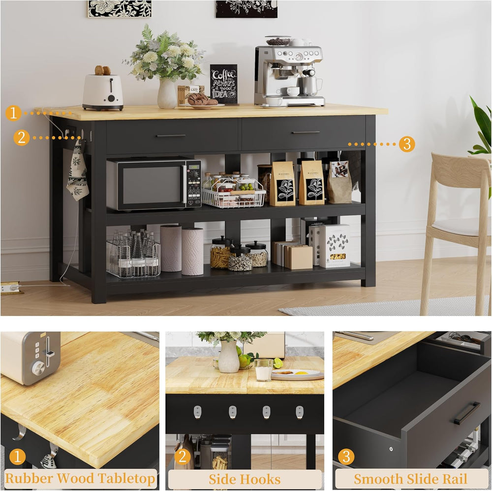 47.3" Kitchen Island with Power Outlets - Solid Rubberwood Top, Black