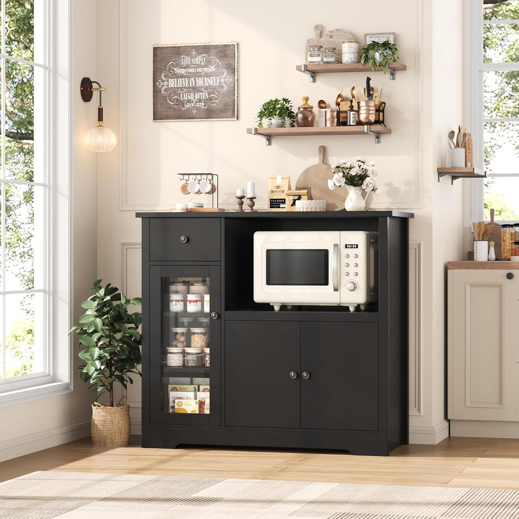 horstors microwave cabinet, kitchen storage cabinet, microwave stand shown in use