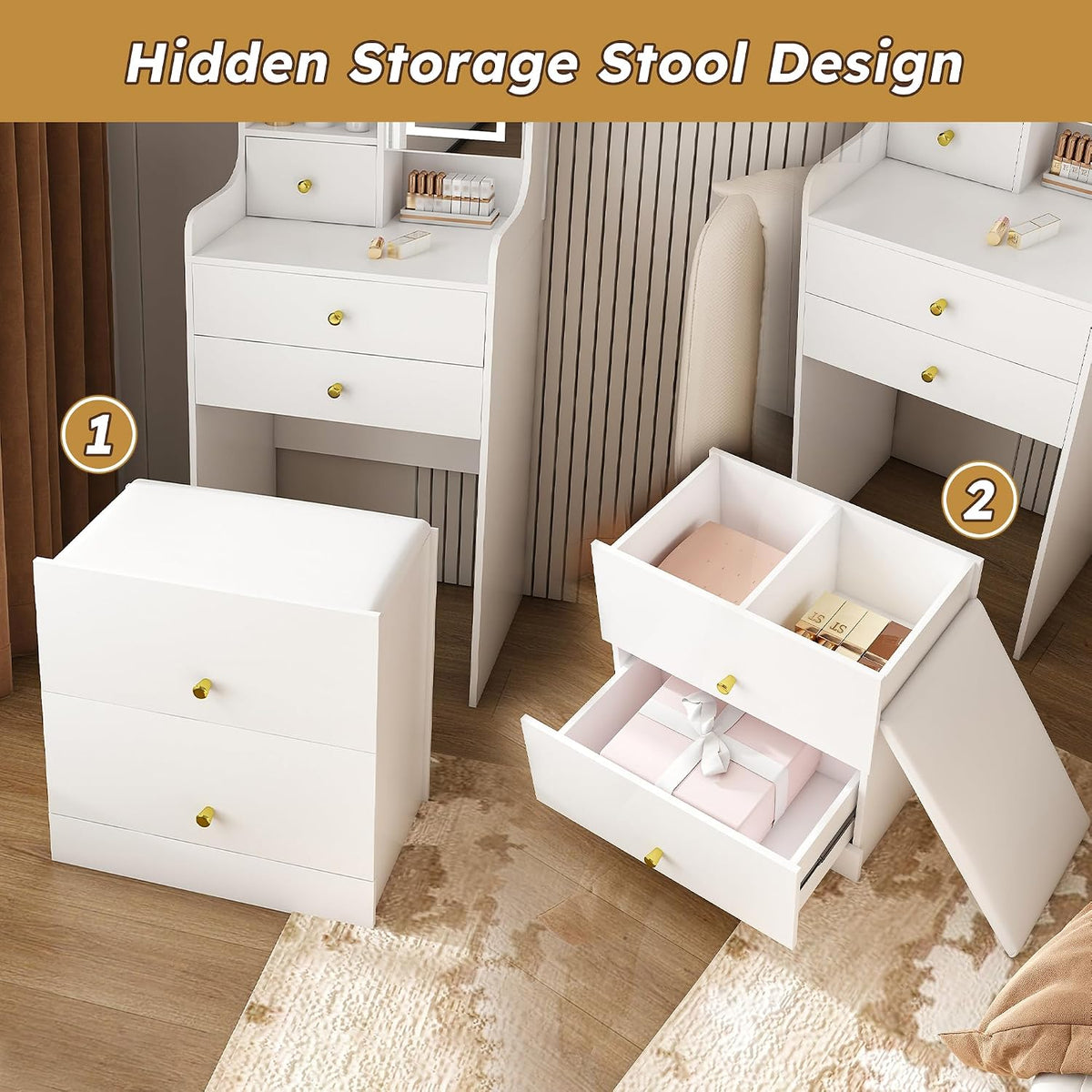 Runboll Compact Dressing Table with Storage Stool & Adjustable Lighted Mirror, 3-in-1 Small Makeup Vanity Desk with 4 Drawers & Open Shelves, for Small Space