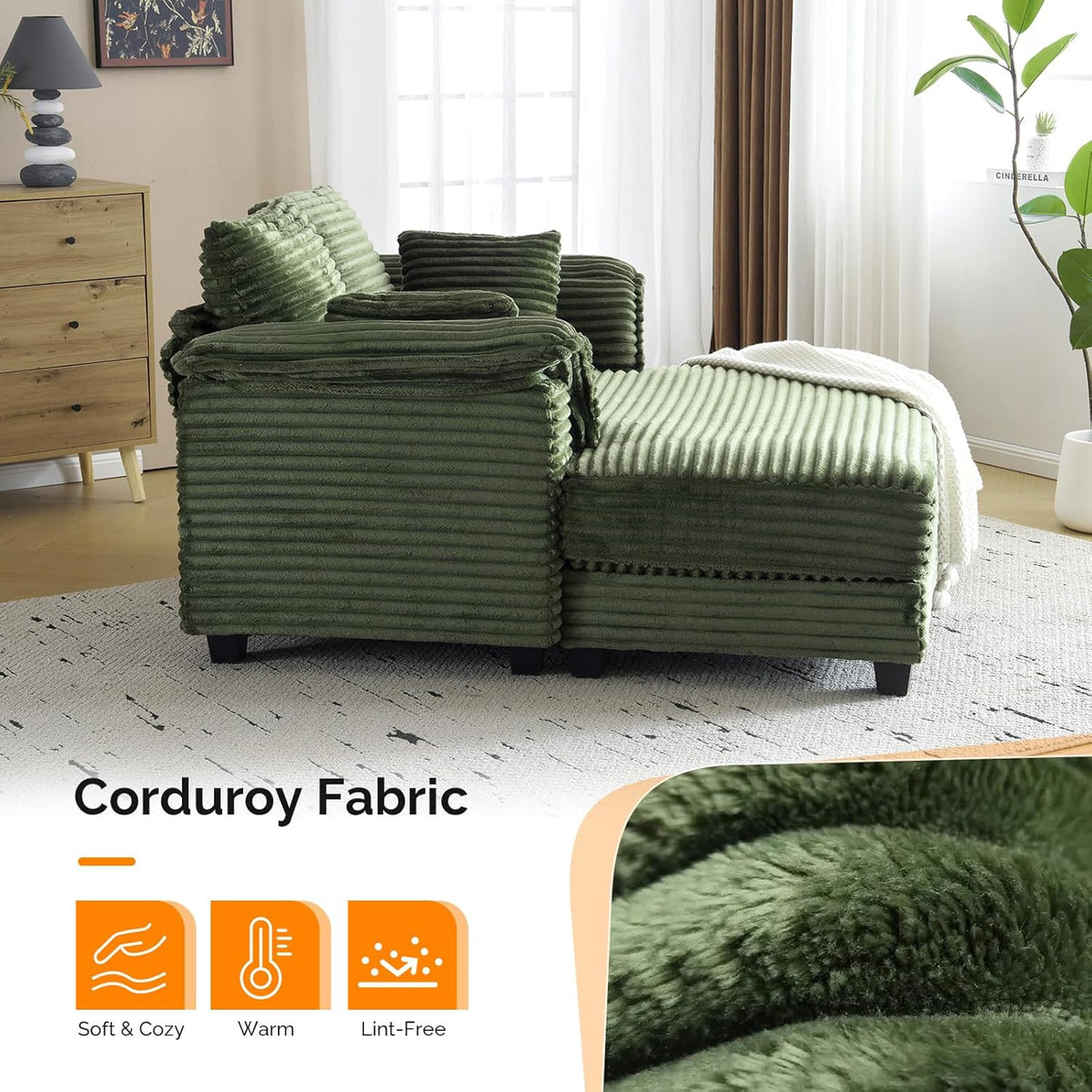VINGLI Lounge Chair, 56" Oversized Reading Chair Corduroy Chaise Sofa Recliner Bed Upholstered Comfy Sleeper Couch with Throw Pillows and Armrests for Living Room, Movie Room, Bedroom