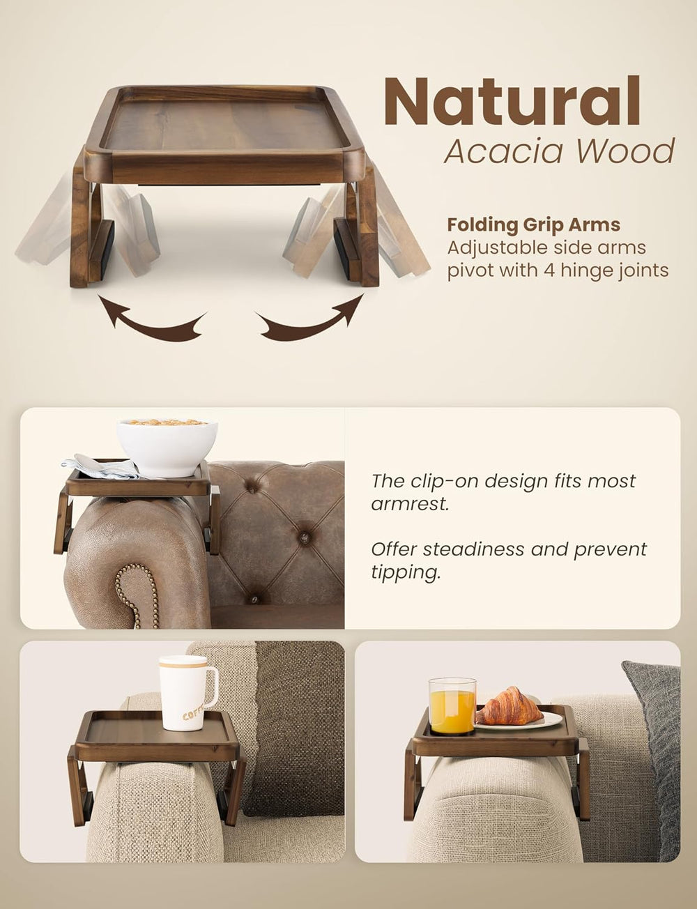 TINAMO Wood Sofa Arm Tray, Clip-On Couch Table for Wide Sofa, Walnut Finish