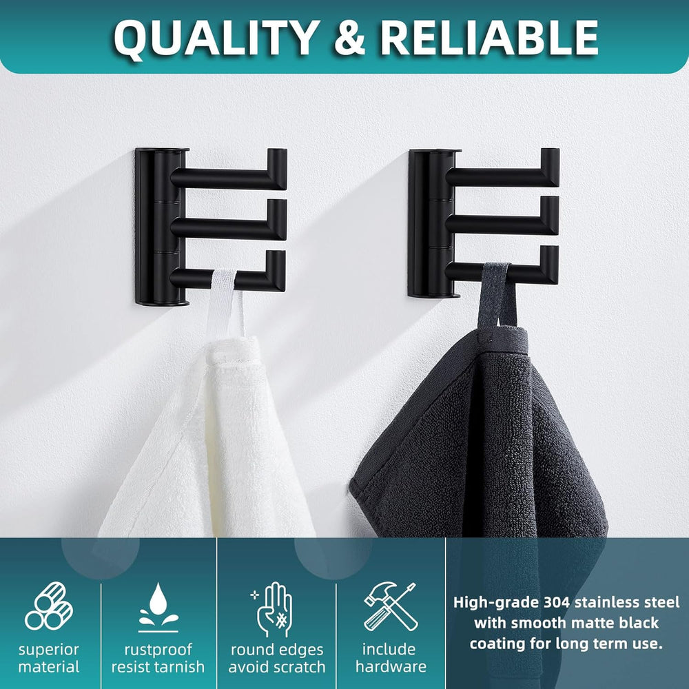 Angle Simple Swivel Towel Hooks for Bathrooms, 2 Pack Wall Hook Matte Black