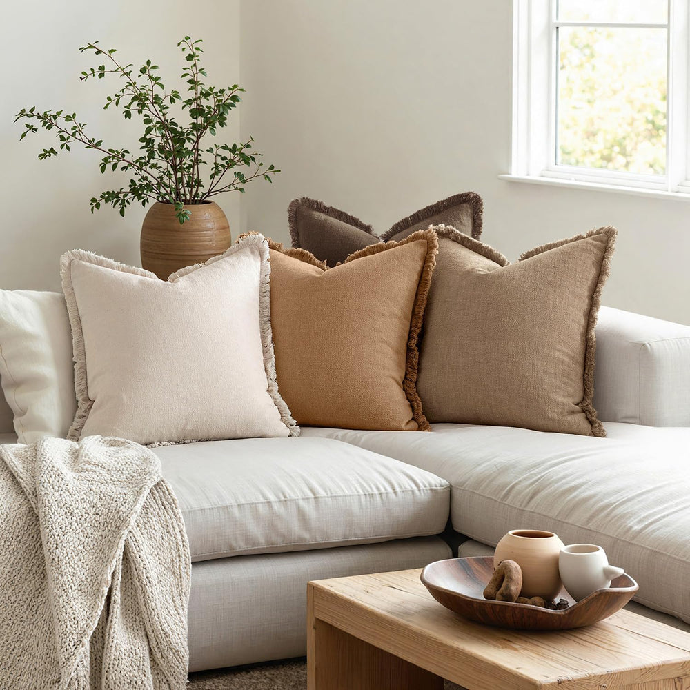 MIULEE Fall Linen Fringe Pillow Covers Set of 4 18x18 Neutral Brown