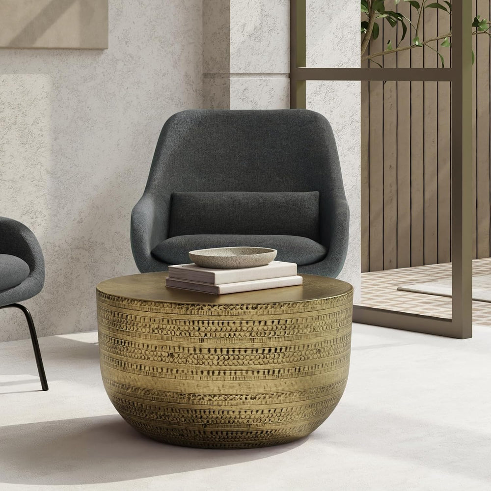 SIMPLIHOME Johnsen 30" Wide Round Metal Coffee Table in Antique Gold