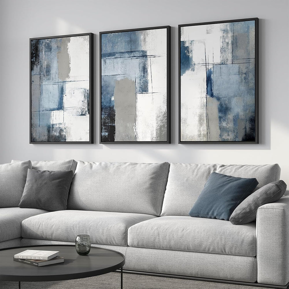 Large Framed Blue and Gray Abstract Wall Art for Living Room, 3 Piece 24x36