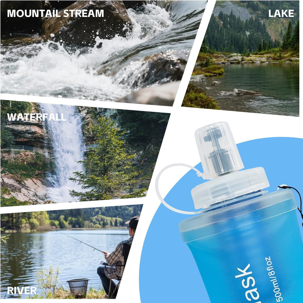 AXEN Collapsible Water Bottle with Filter for Hiking Travel, 500ml Blue