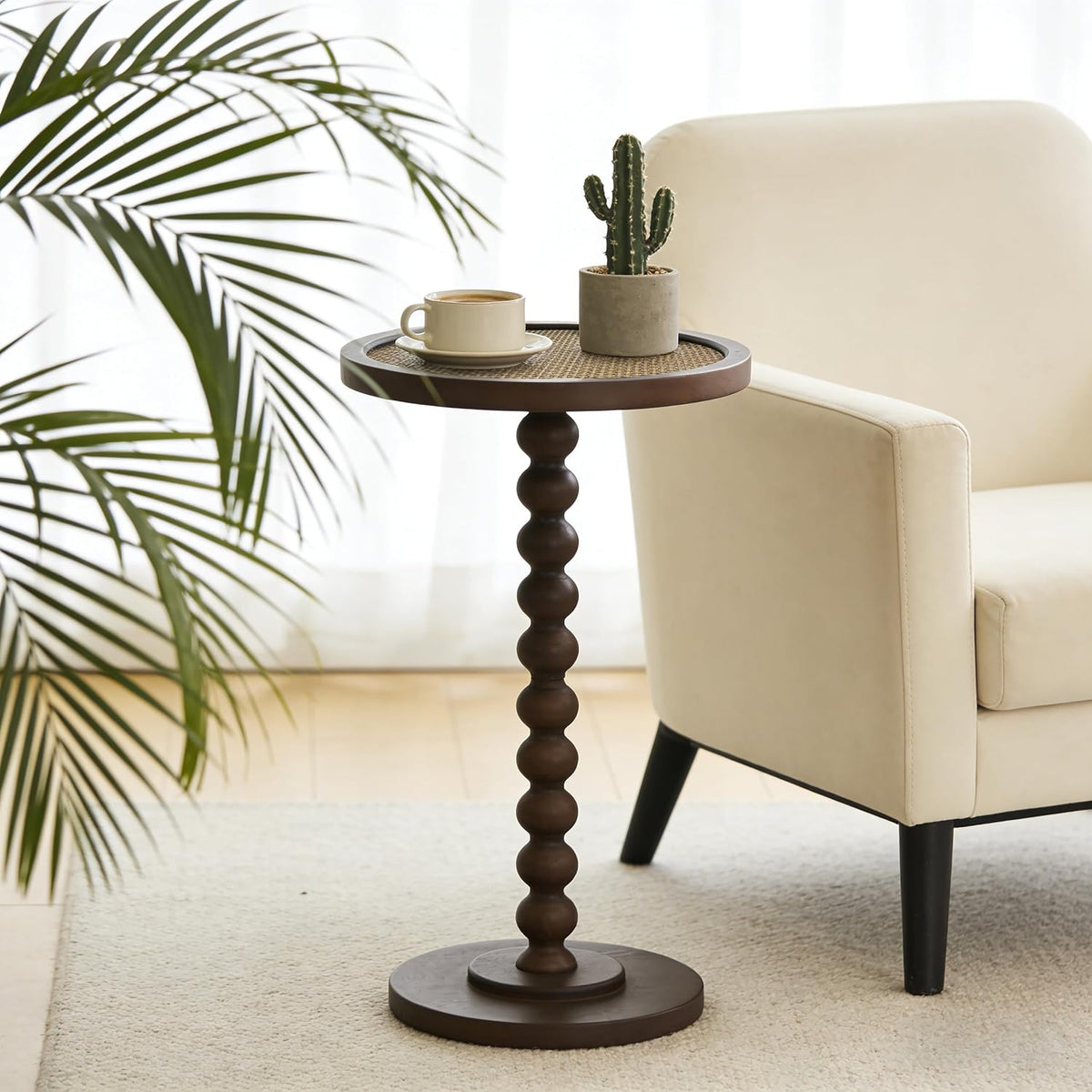 COVLON Solid Wood Drink Table, Small Pedestal Side Table for Small Spaces, Rattan Accent End Table Nightstand with Bread Leg for Living Room, Bedroom, Corners, and Office, Brown