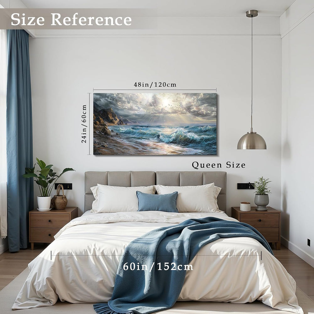 imjiayu Large Ocean Canvas Wall Art, Realistic Wave Sunburst 24"x48"