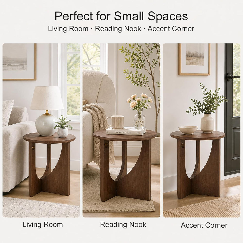 Round Side Tables, Set of 2, 19.7" Solid Wood End Tables, Walnut