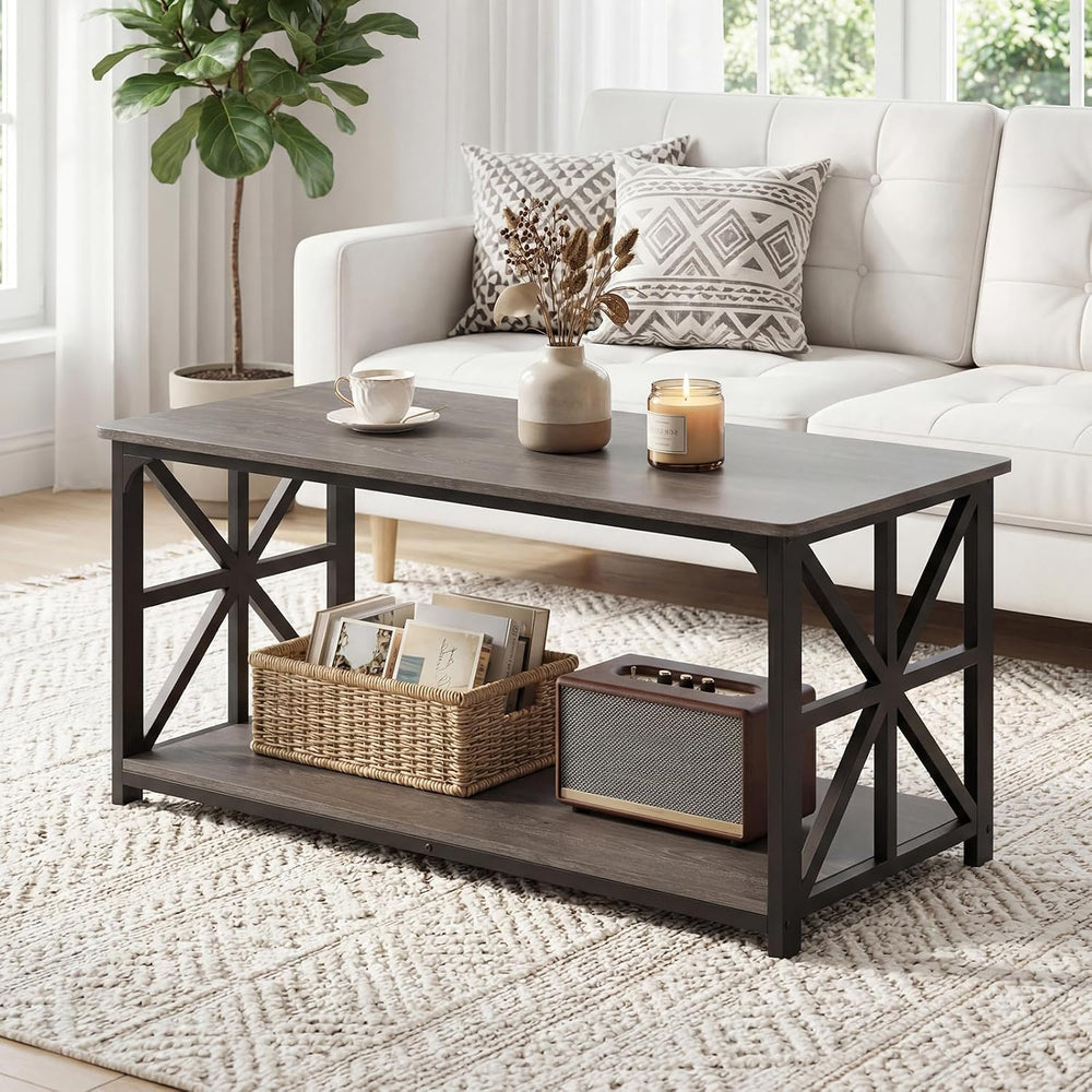GIANTEX Farmhouse Coffee Table, 43" Center Table with Storage, Grey Oak