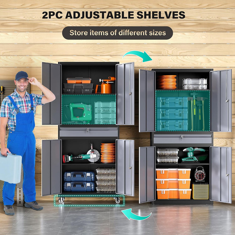 Metal Garage Storage Cabinet with Wheels and Drawer,Gray Rolling Garage Cabin...