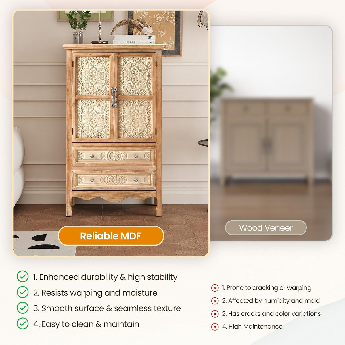 RoyalCraft 48" Tall Accent Cabinet with 2 Drawers, Vintage Storage Cabinet