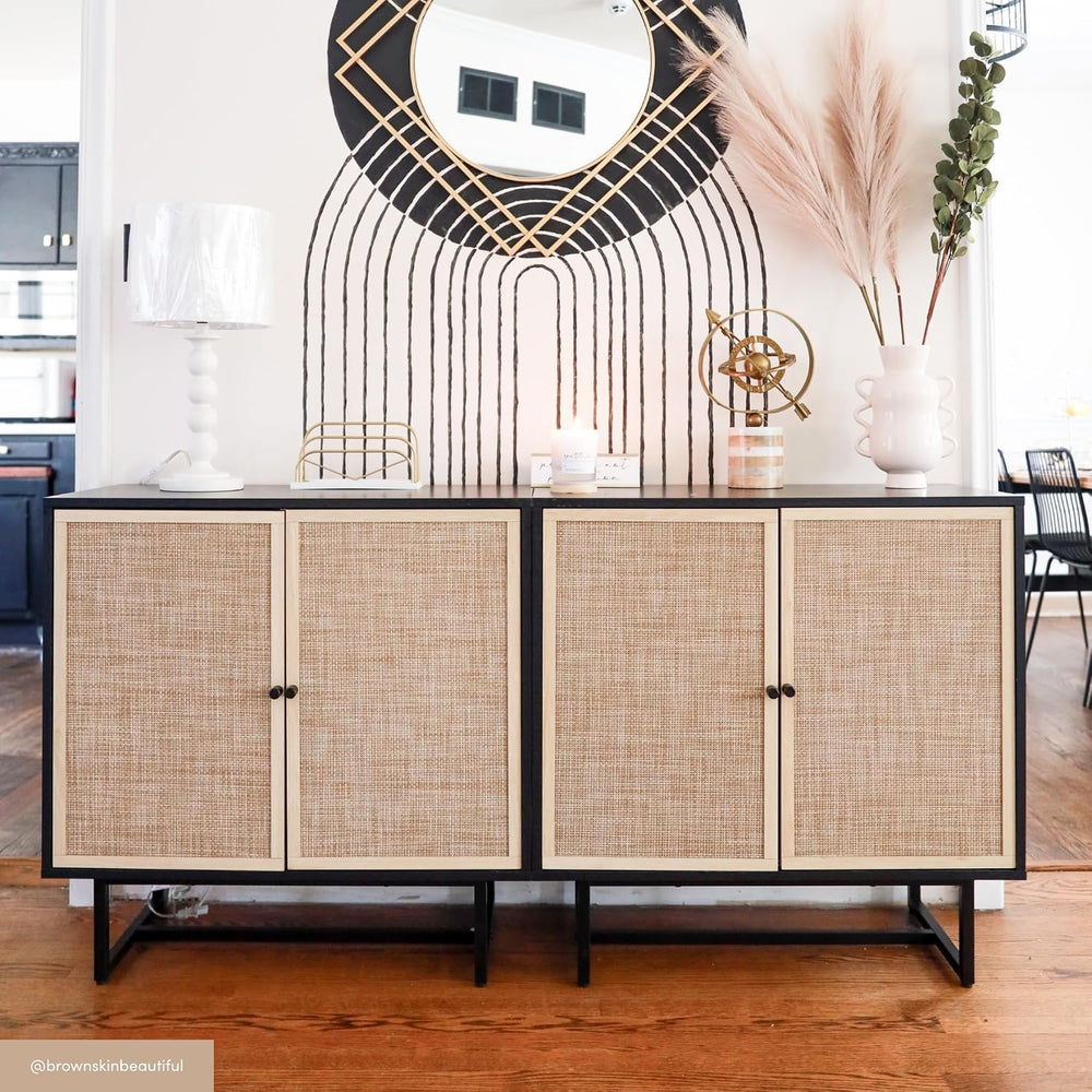 Nathan James Kova Rattan Wood Accent Sideboard Storage Cabinet with Matte Met...