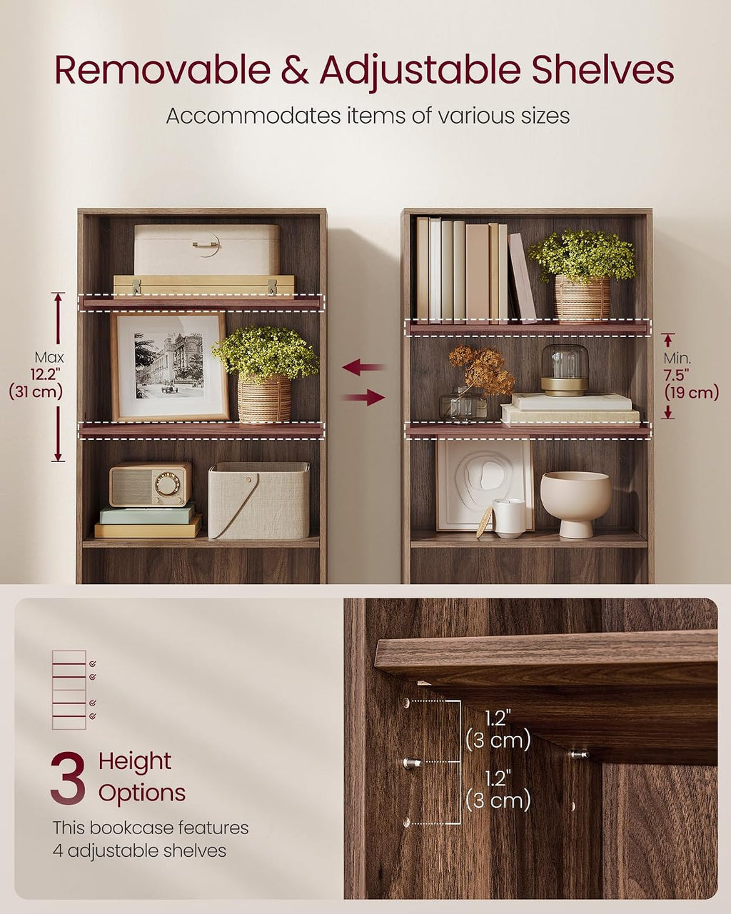 vasagle 6-tier bookshelf, storage organizer, 23.6 x 9.4, close-up detail