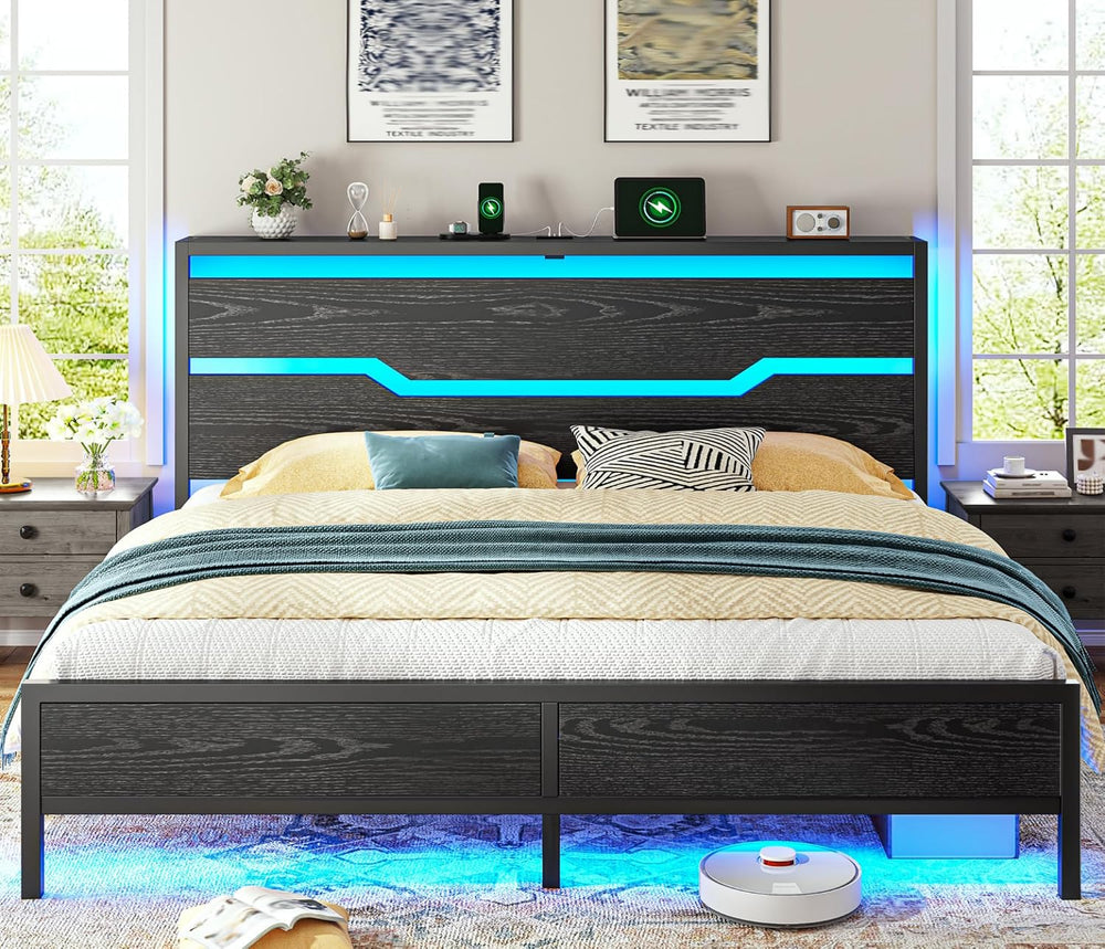 Homkdom King Size Bed Frame with Headboard & LED Light