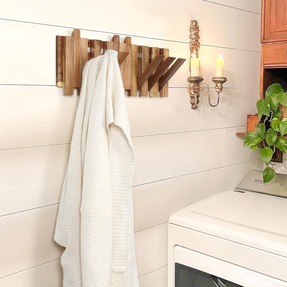 Wall Coat Rack for Entryway: Folding Wood Rustic 8 Hooks