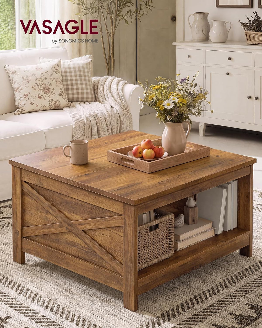 VASAGLE Lift Top Coffee Table, Square Farmhouse Coffee Table with Storage