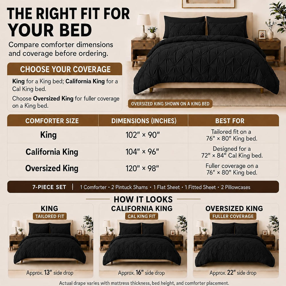 HIMEET King Size Comforter Set Black - 7 Pieces Pintuck Bed in a Bag