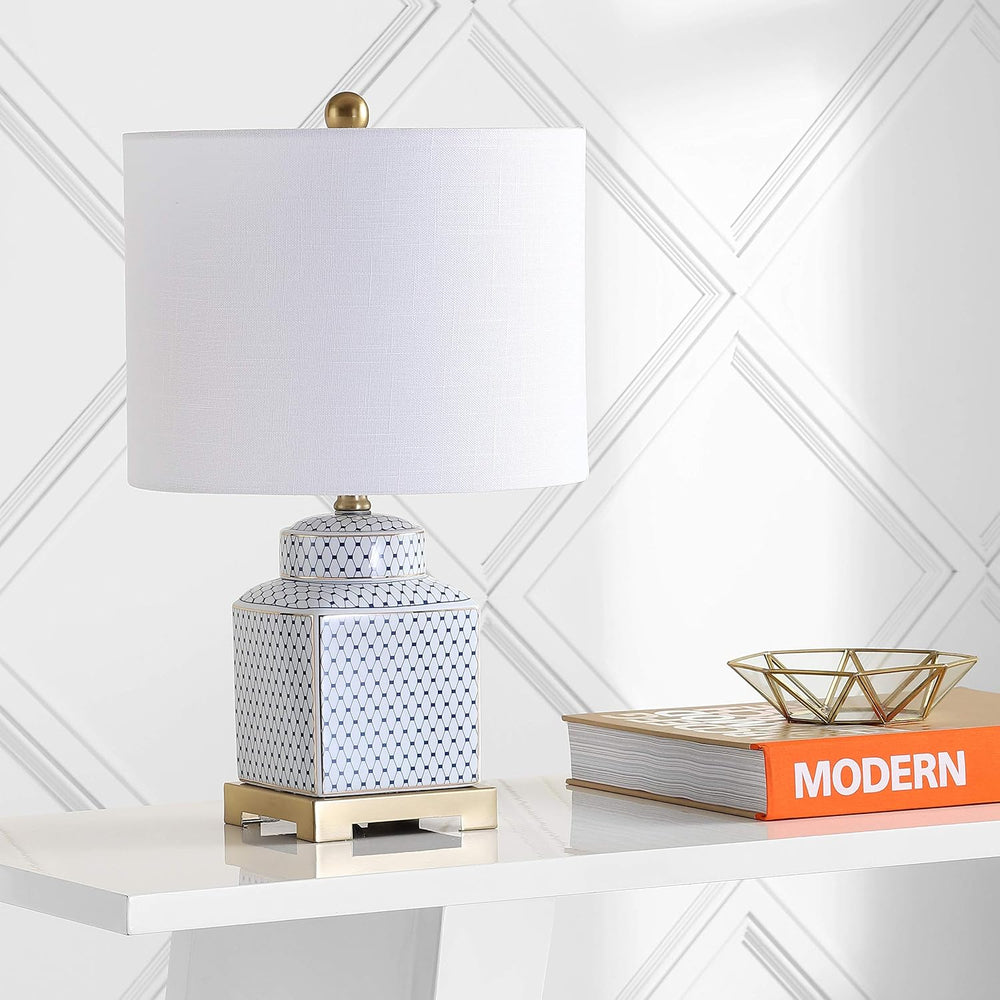 JONATHAN Y Cleo 21.5" Ceramic Metal Ginger Jar Table Lamp, White/Navy