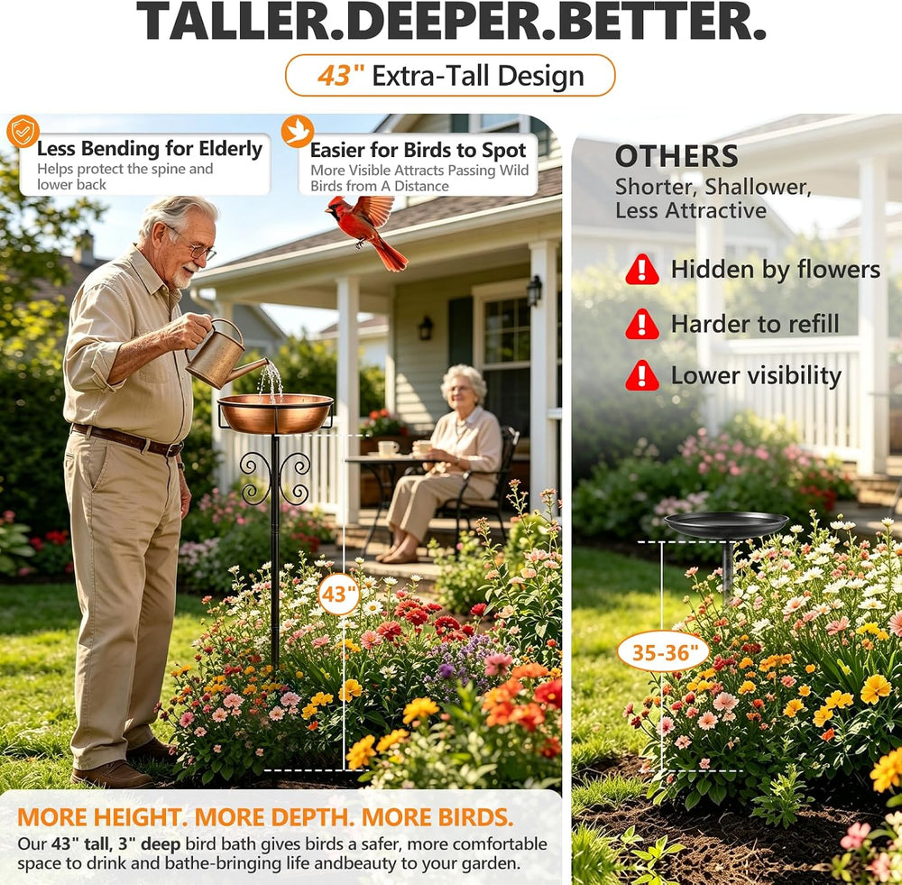 3" Deep 43" Tall Metal Bird Bath for Outside, Birdbath for Outdoors