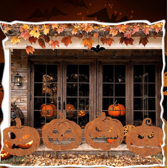 MorningRo 4 Pcs Halloween Outdoor Decoration Rusty Pumpkin Metal Yard Signs