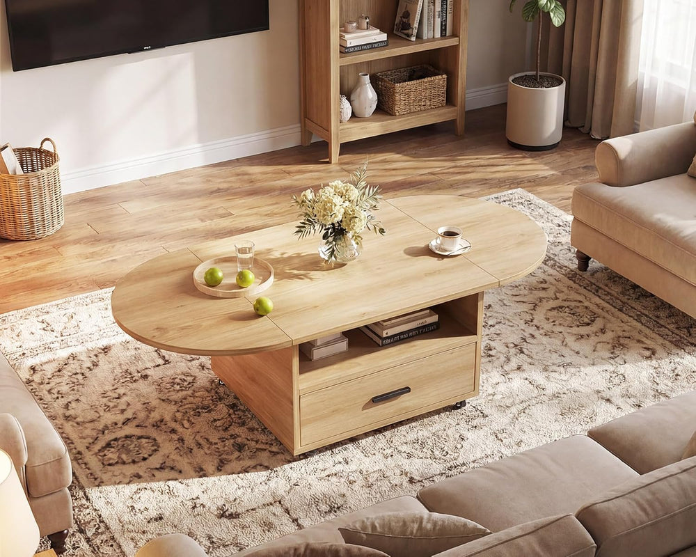 IBF 47" Foldable Coffee Table for Living Room with Wheels and Drawer, Oak