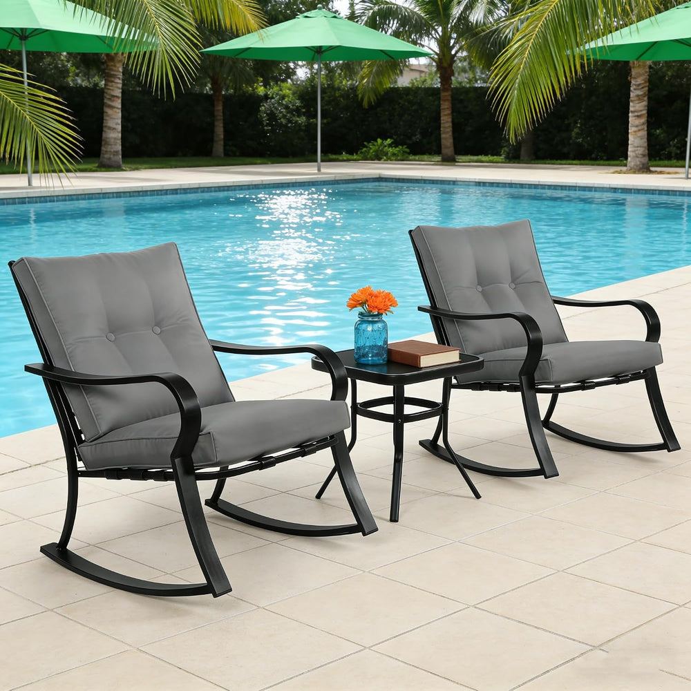 SUNCROWN Outdoor 3-Piece Rocking Chairs Patio Bistro Set Black Steel Furnitur...