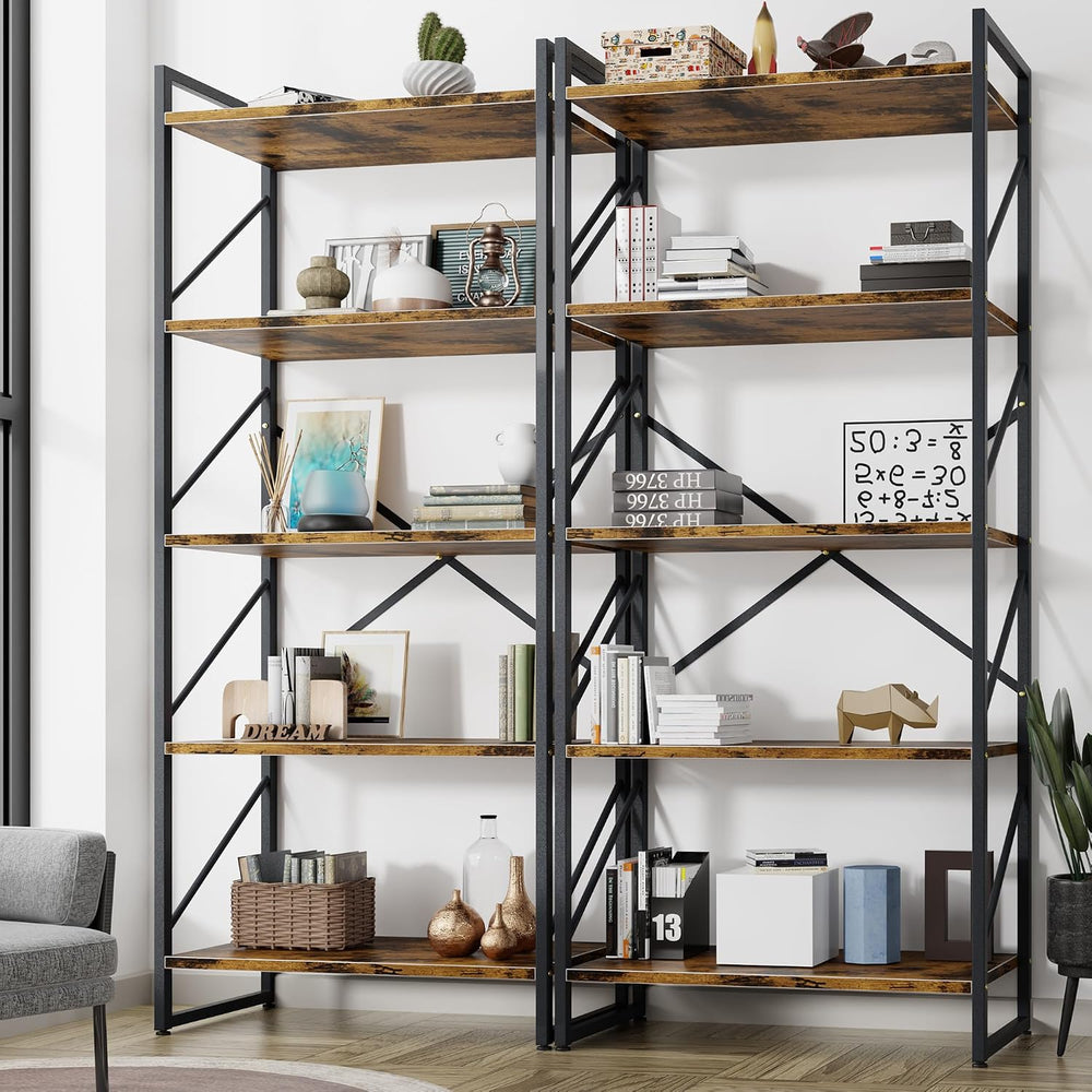 Shintenchi 2 Pieces 5 Tiers Bookshelf, Classically Tall Bookcase Shelf, Indus...