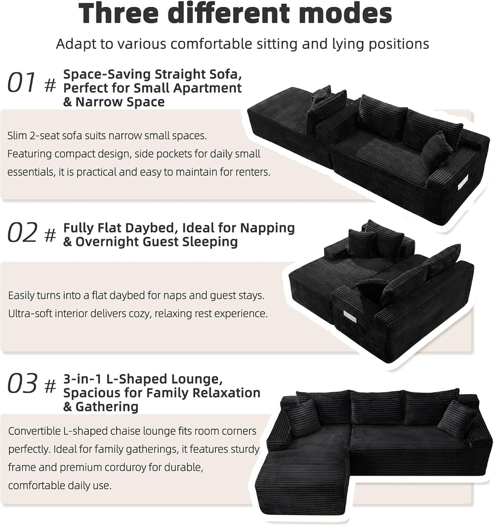 95" L‑Shaped Modular Cloud Corduroy Boneless Sectional Sofa for Living Room