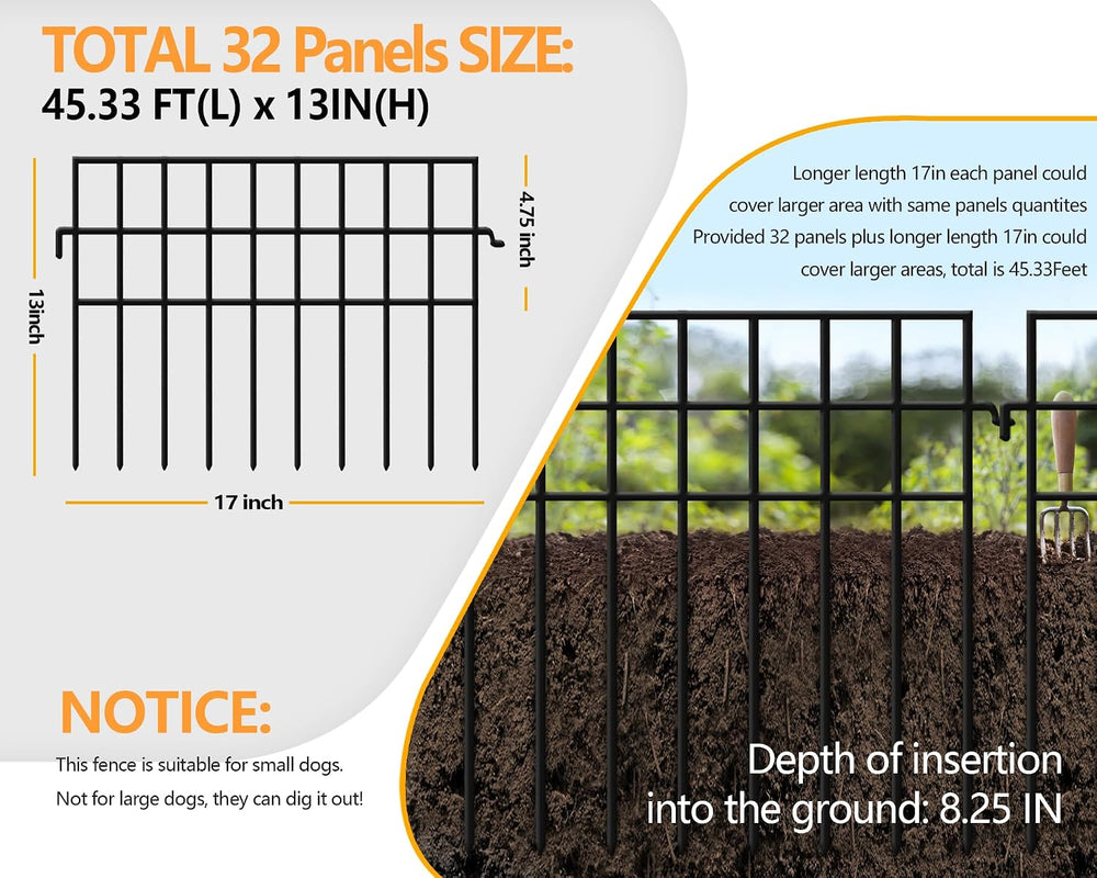 45.33ft(L) X 13in(H) Animal Barrier Fence No Dig, 32 Panels Rabbit Fences for...