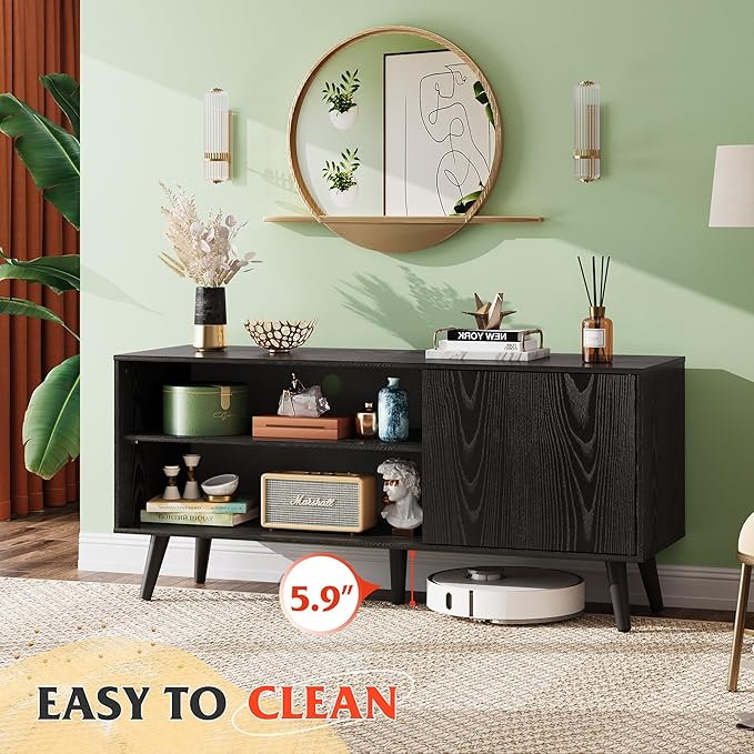 WLIVE TV Stand for 55 Inch TVs, Entertainment Center with Storage Cabinet, Mid-Century TV Stands for Living Room and Bedroom, 50" TV Console, Black