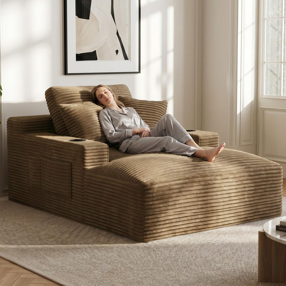 50" x 76" Corduroy Chaise Lounge Sofa Bed with Cup Holders, Camel