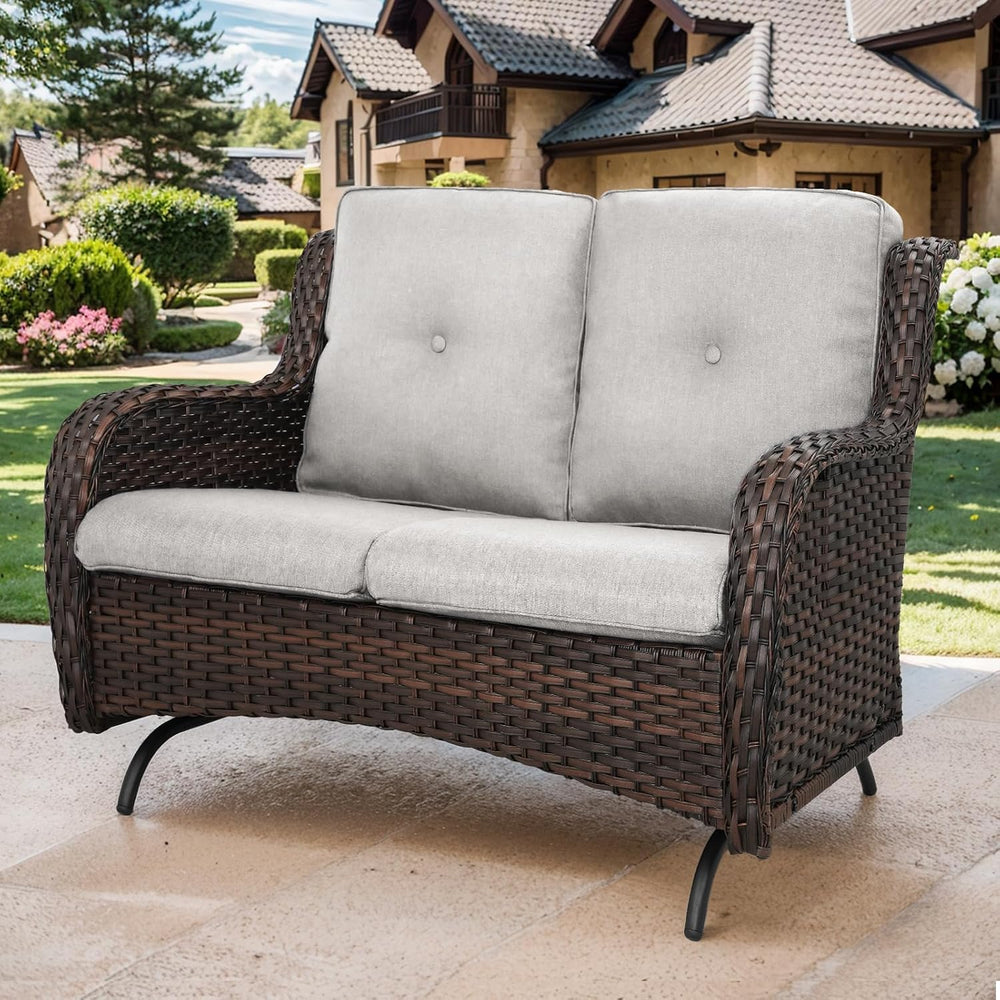 Patio Loveseat Wicker Loveseat Rattan Glider Sofa with Curved Armrest Thickin...
