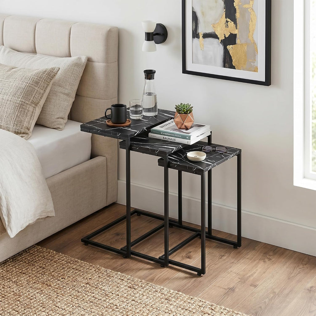 Nouva Modern Nesting Coffee Table, Set of 3 Square Stacking Accent Table End Table C-Shape with Metal Frame for Living Room Bedroom, Rustic Brown